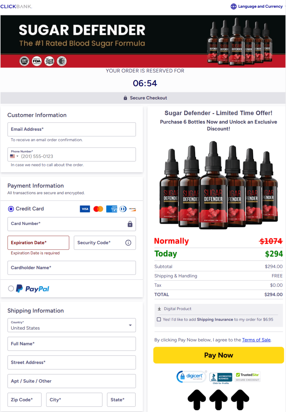 Sugar Defender secure checkout page with safe and encrypted payment process